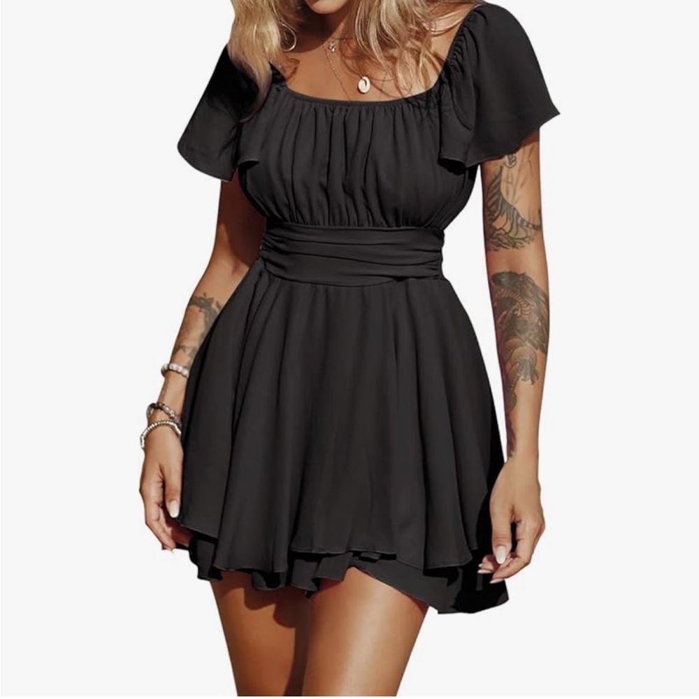 Black Tiered Sundress/ Shorts Romper with Flutter Sleeves